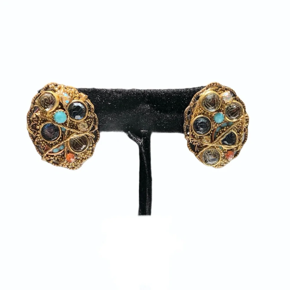 VINTAGE BLUE & TURQUOISE CRYSTAL & MIXED MEDIA ARTISTIC EARRINGS
